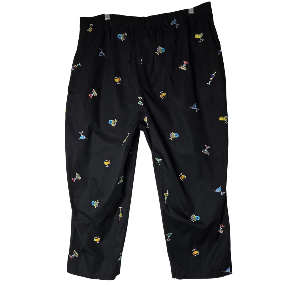 ELCC XL Size 14 Black Crop Pants Embroidered Martini Margarita Cocktail  #1337